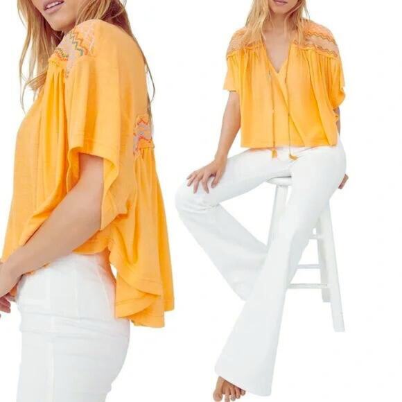 FREE PEOPLE Market Tee Carrot Ginger Orange Embroidered Boho Crop Top Medium NEW - Picture 3 of 8